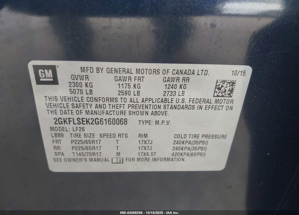 2016 GMC TERRAIN SLE-1 VIN: 2GKFLSEK2G6160068