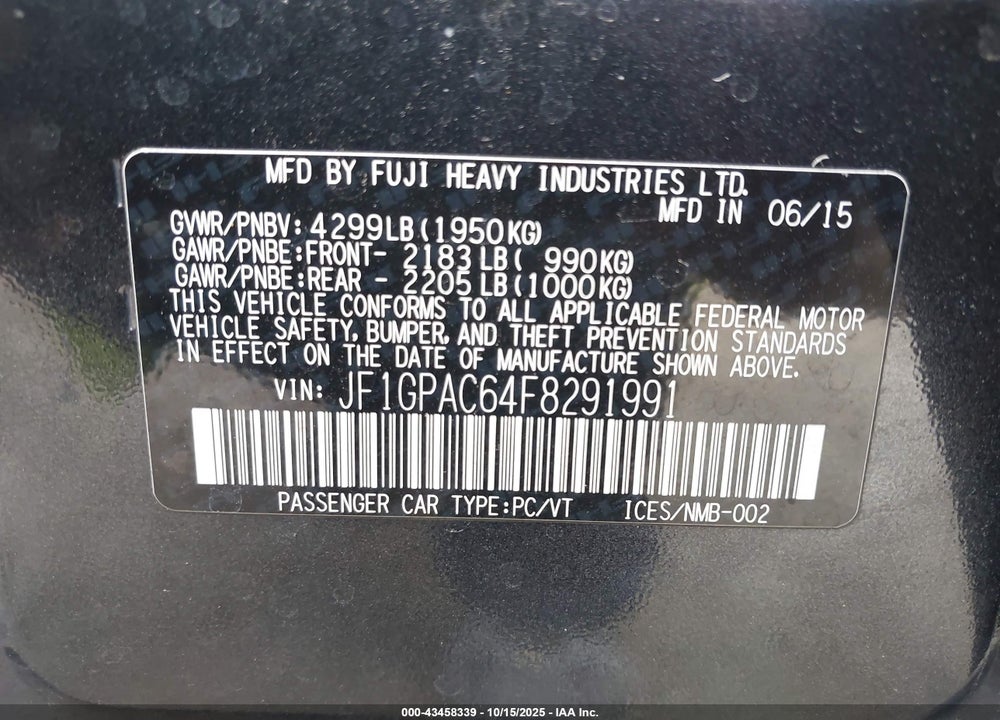 2015 SUBARU IMPREZA 2.0I PREMIUM VIN: JF1GPAC64F8291991