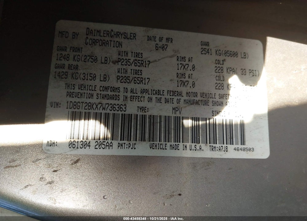 2007 DODGE NITRO SXT VIN: 1D8GT28KX7W736363