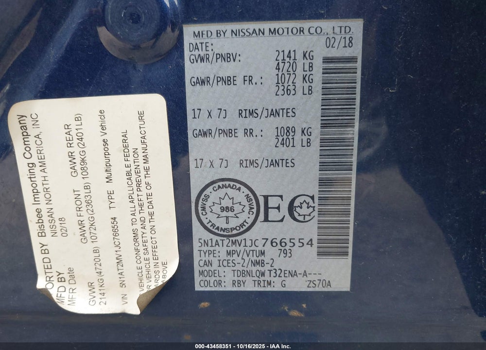 2018 NISSAN ROGUE S/SL/SV VIN: 5N1AT2MV1JC766554