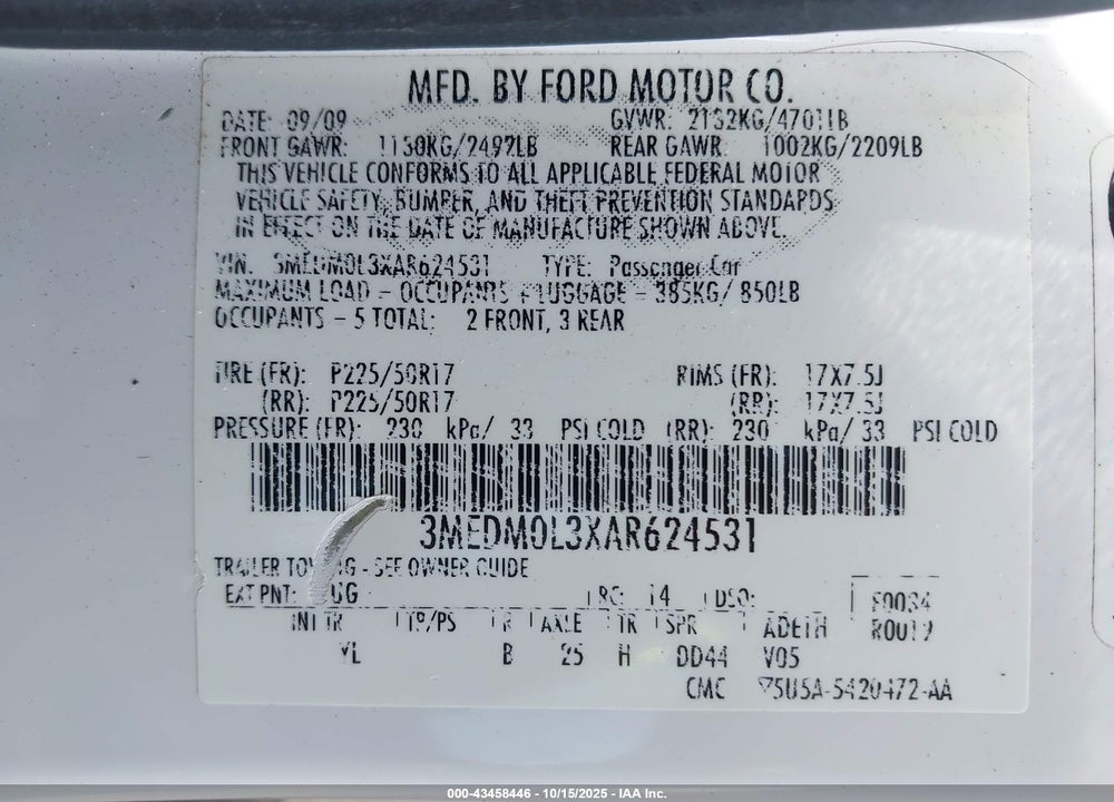 2010 MERCURY MILAN VIN: 3MEDM0L3XAR624531