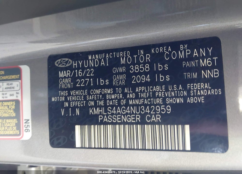 2022 HYUNDAI ELANTRA VIN: KMHLS4AG4NU342959