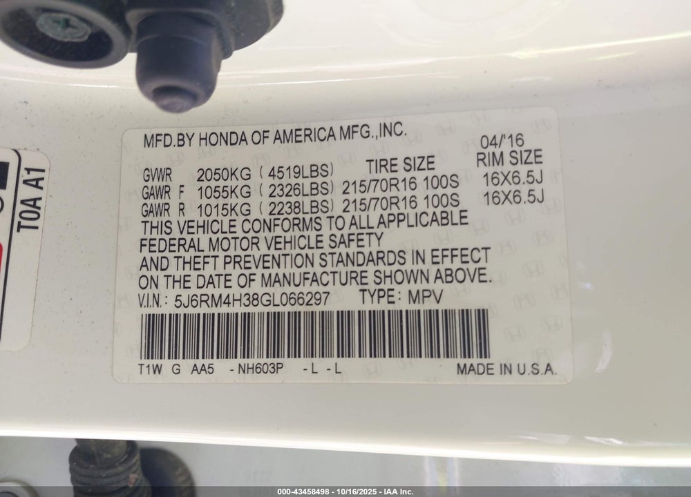 2016 HONDA CR-V VIN: 5J6RM4H38GL066297