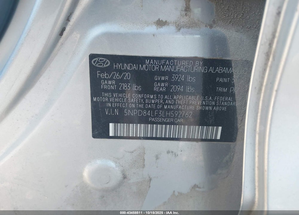 2020 HYUNDAI ELANTRA LIMITED VIN: 5NPD84LF3LH592762