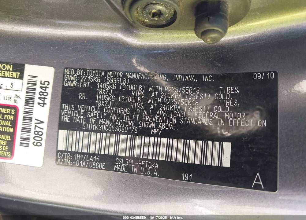 2011 TOYOTA SIENNA LIMITED V6 VIN: 5TDYK3DC6BS080178