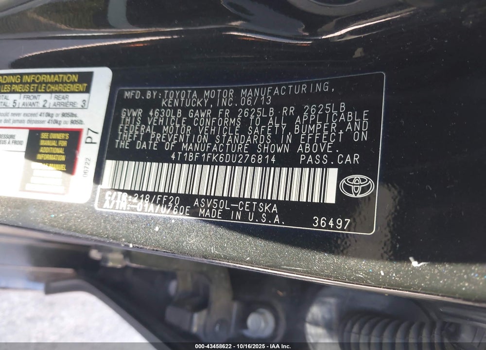 2013 TOYOTA CAMRY SE VIN: 4T1BF1FK6DU276814