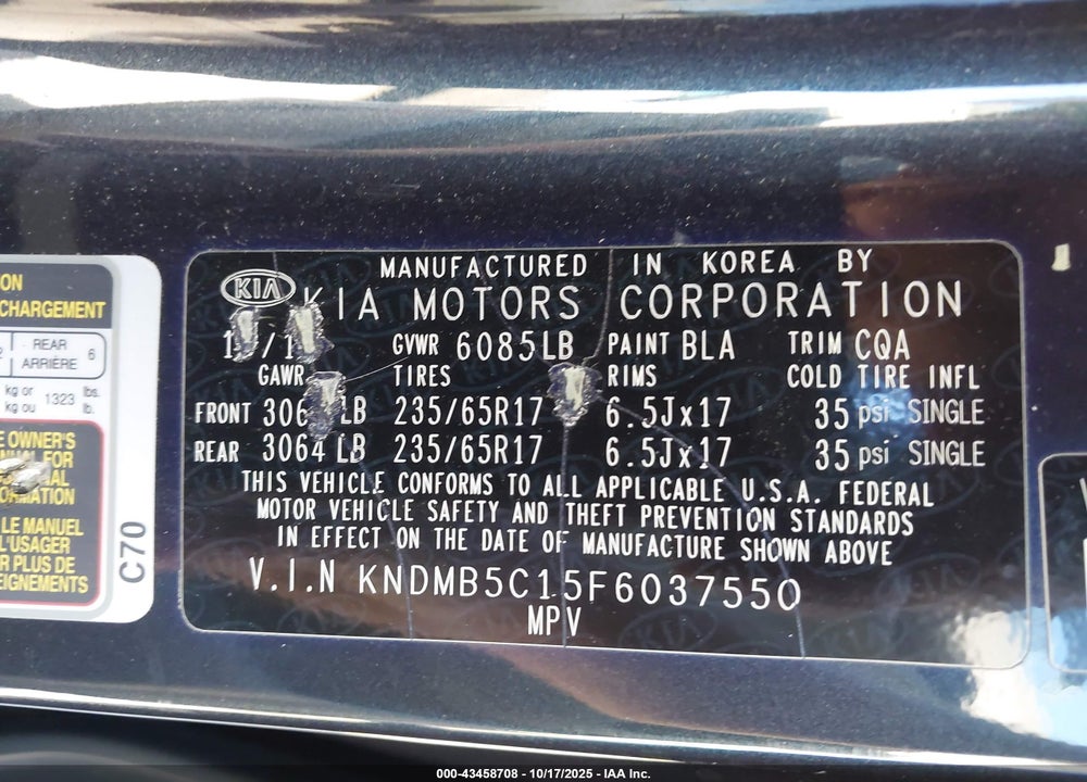 2015 KIA SEDONA LX VIN: KNDMB5C15F6037550