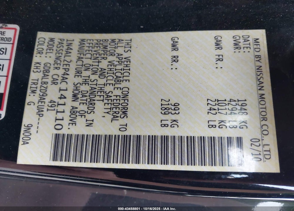 2010 NISSAN ALTIMA VIN: 1N4AL2EP4AC141110