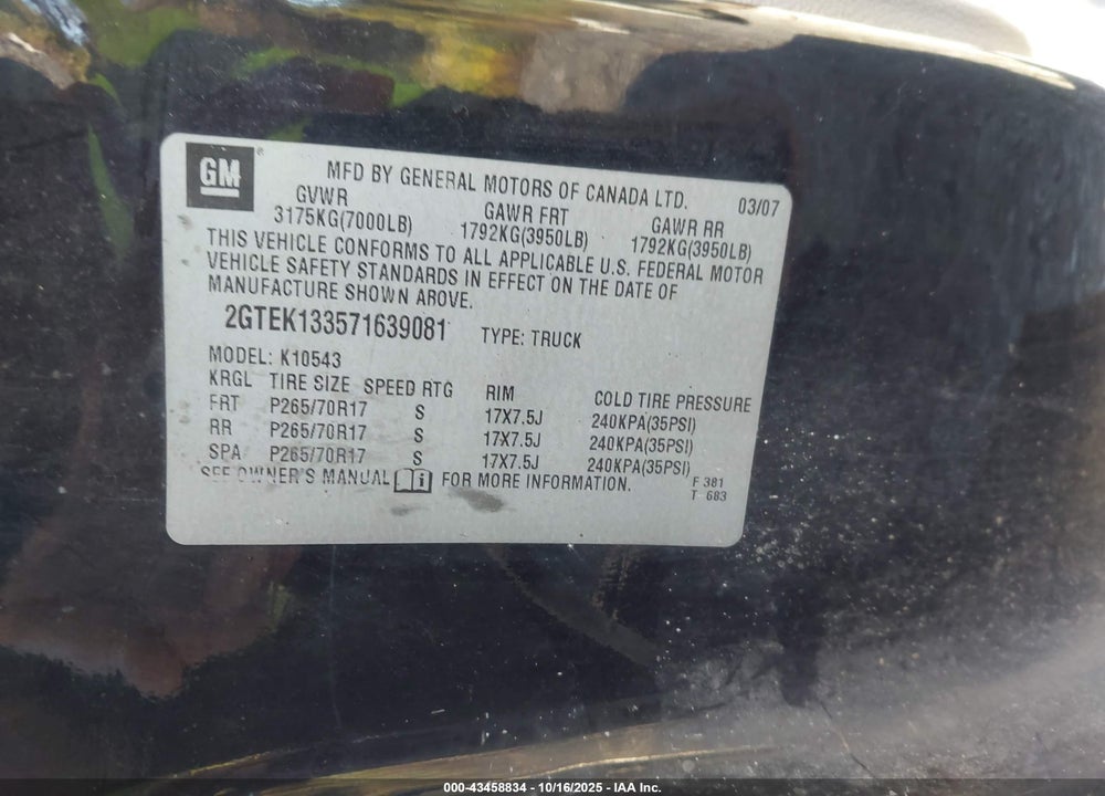 2007 GMC SIERRA 1500 VIN: 2GTEK133571639081