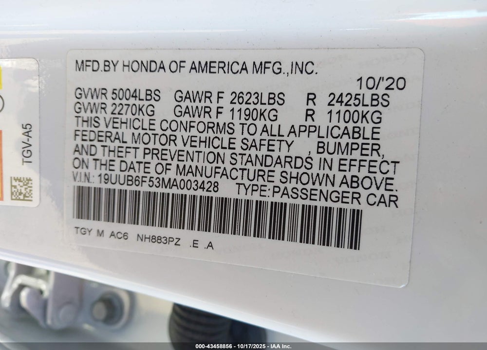 2021 ACURA TLX VIN: 19UUB6F53MA003428