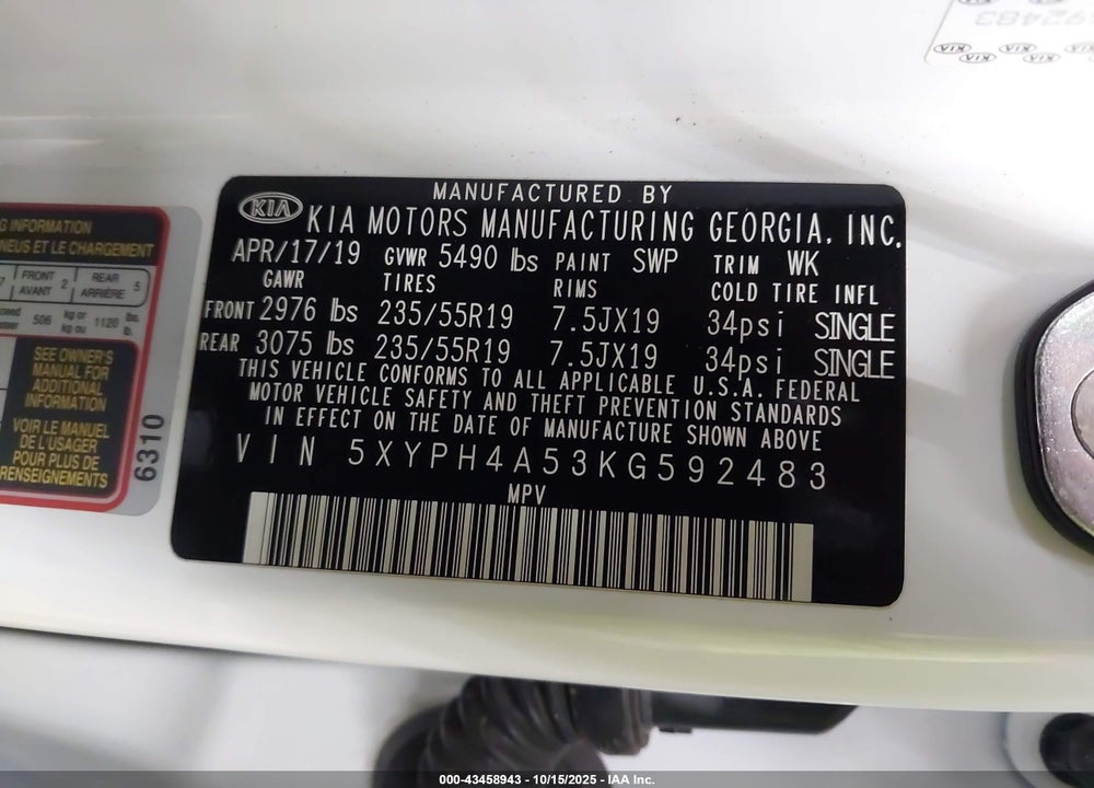 2019 KIA SORENTO 3.3L EX SPORT VIN: 5XYPH4A53KG592483