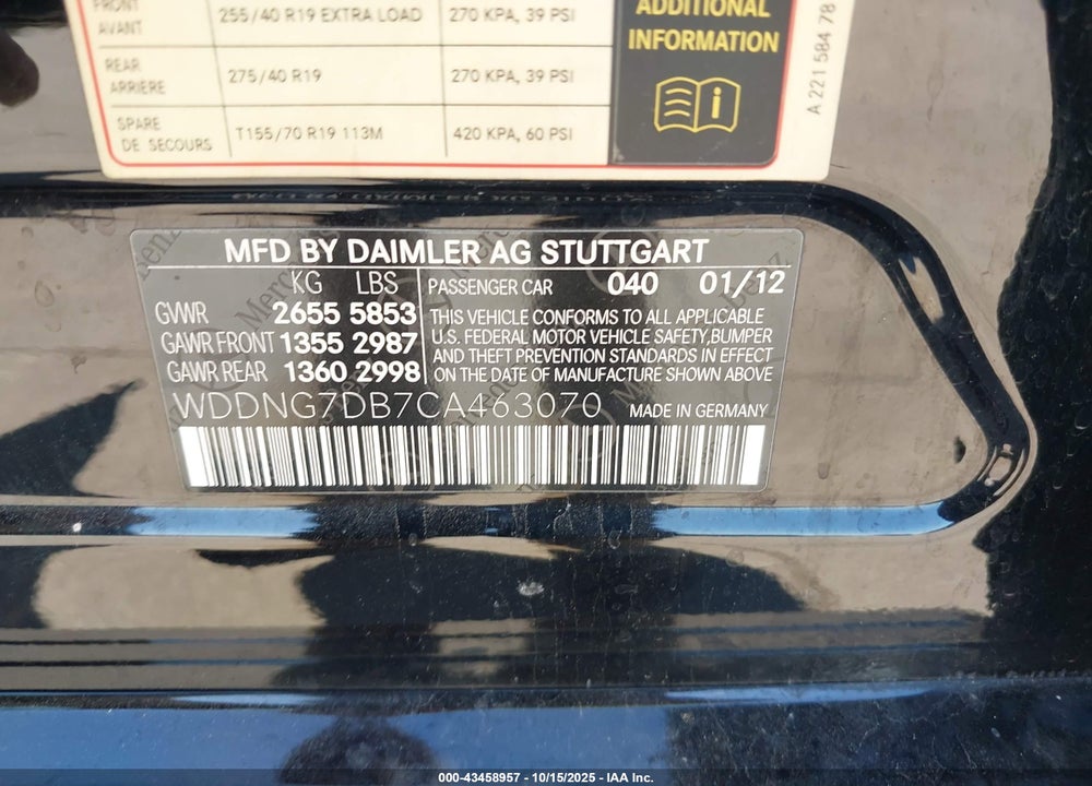 2012 MERCEDES-BENZ S 550 VIN: WDDNG7DB7CA463070