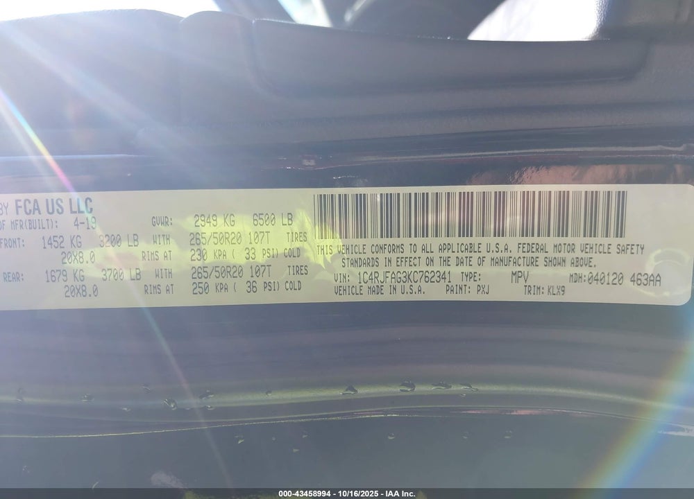 2019 JEEP GRAND CHEROKEE VIN: 1C4RJFAG3KC762341