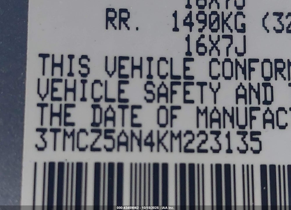 2019 TOYOTA TACOMA SR V6 VIN: 3TMCZ5AN4KM223135