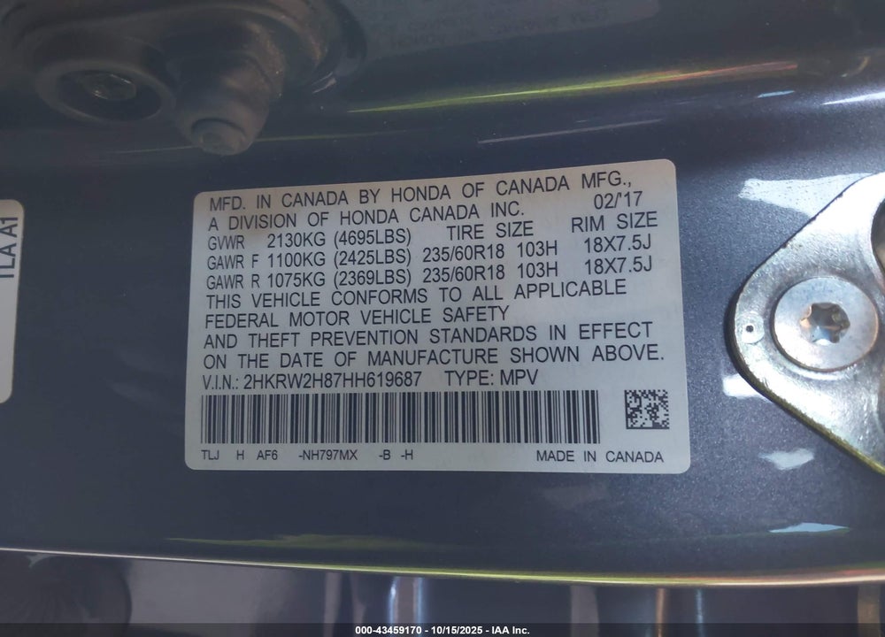 2017 HONDA CR-V EX-L/EX-L NAVI VIN: 2HKRW2H87HH619687