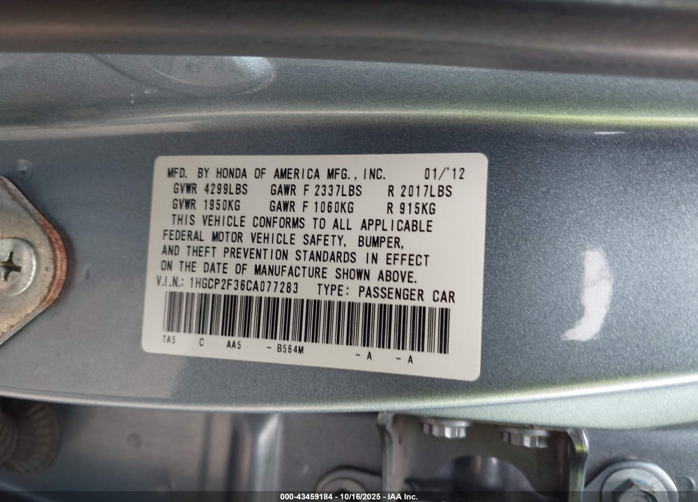 2012 HONDA ACCORD 2.4 LX VIN: 1HGCP2F36CA077283