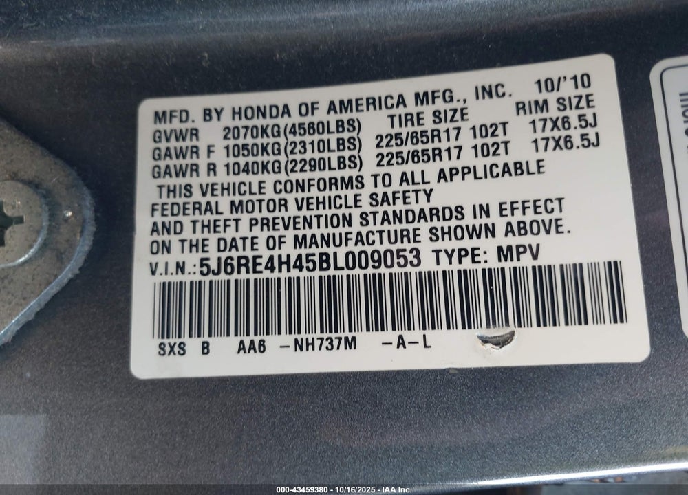 2011 HONDA CR-V VIN: 5J6RE4H45BL009053