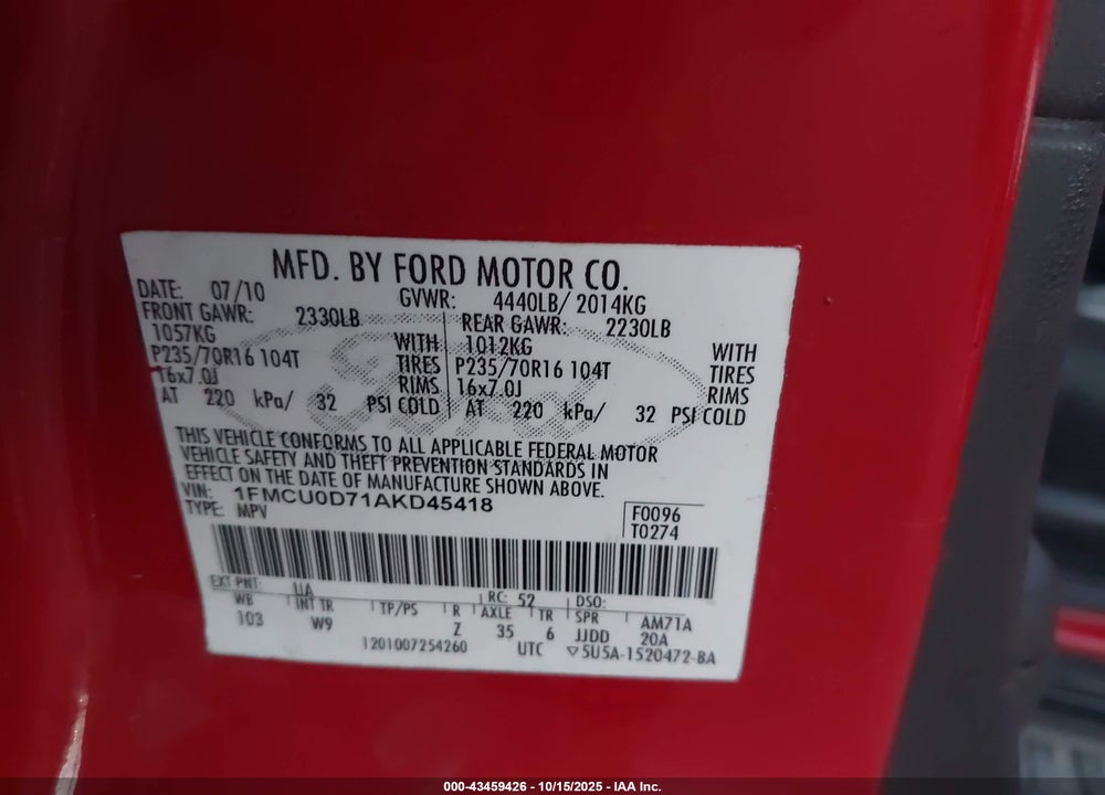 2010 FORD ESCAPE XLT VIN: 1FMCU0D71AKD45418
