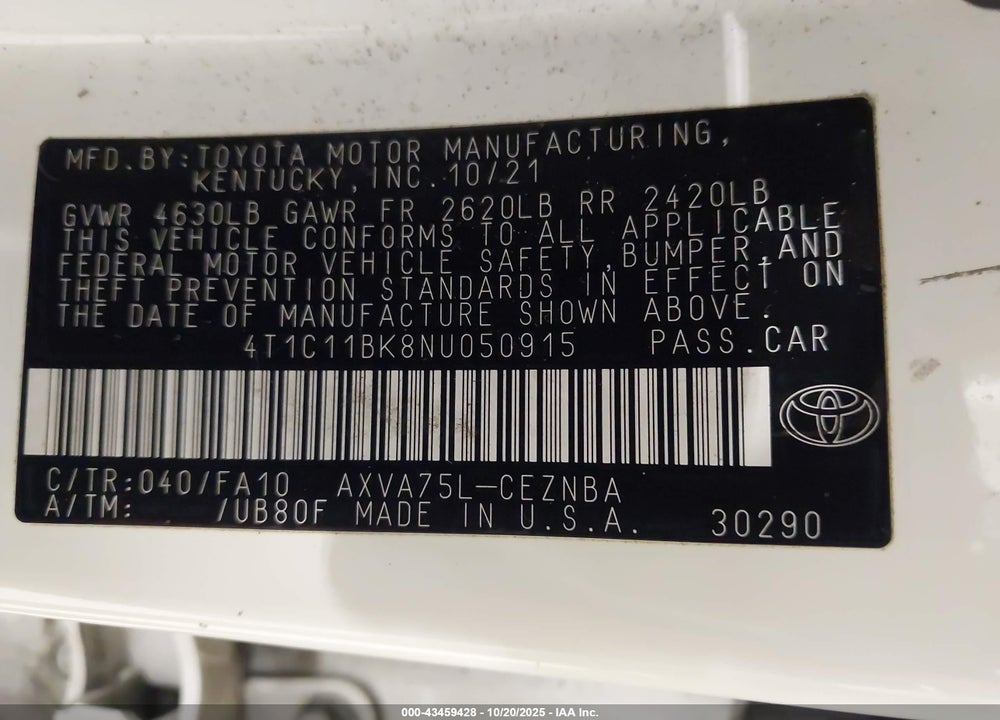 2022 TOYOTA CAMRY LE AWD VIN: 4T1C11BK8NU050915