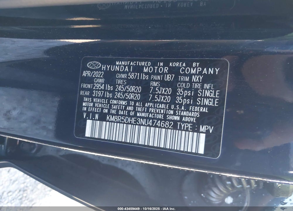 2022 HYUNDAI PALISADE LIMITED VIN: KM8R5DHE3NU474682