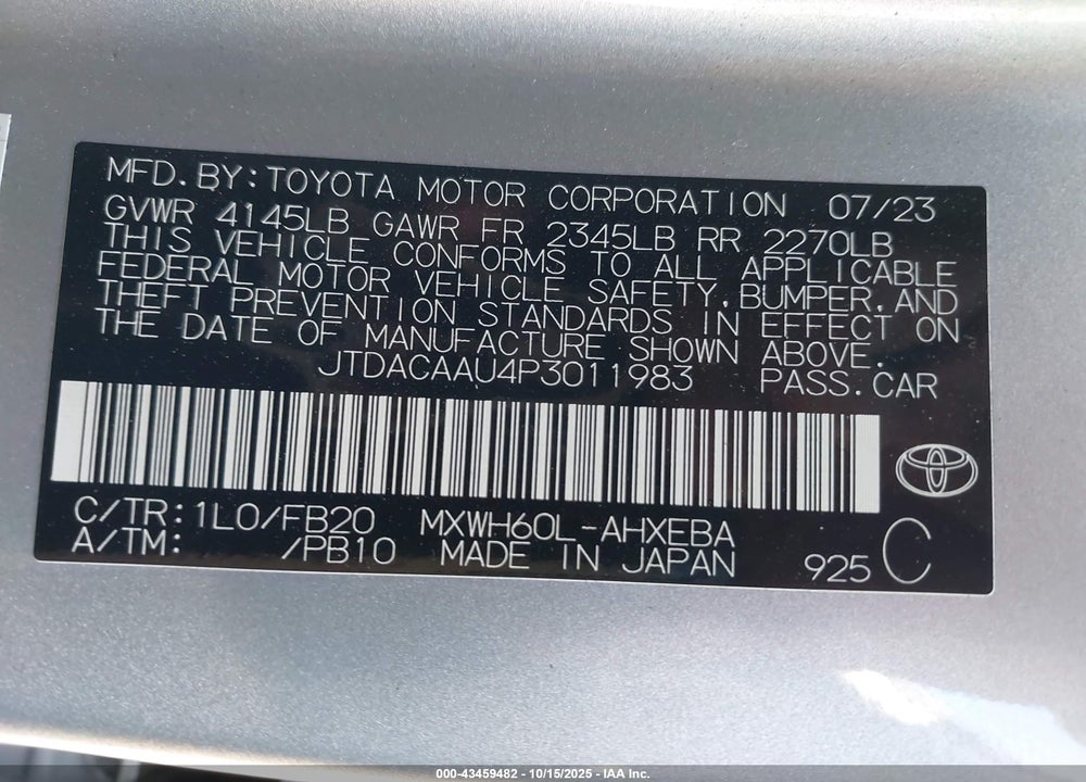 2023 TOYOTA PRIUS LE VIN: JTDACAAU4P3011983