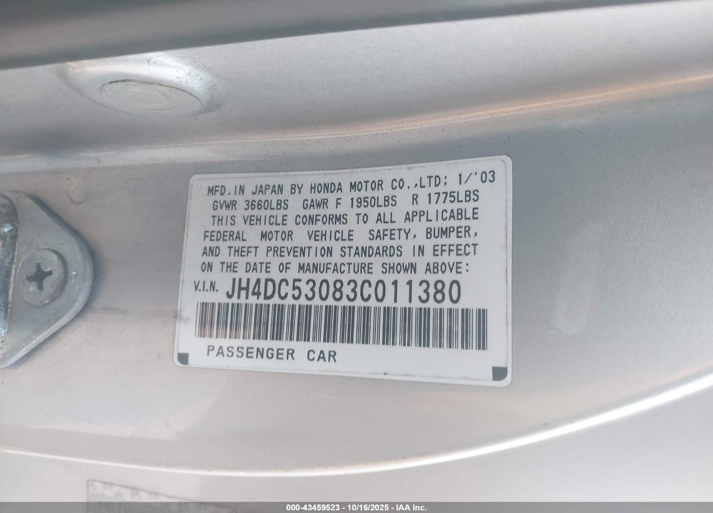 2003 ACURA RSX TYPE-S VIN: JH4DC53083C011380