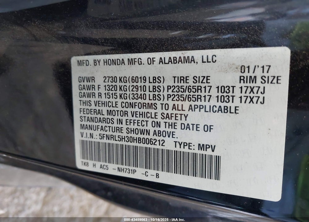 2017 HONDA ODYSSEY SE VIN: 5FNRL5H30HB006212