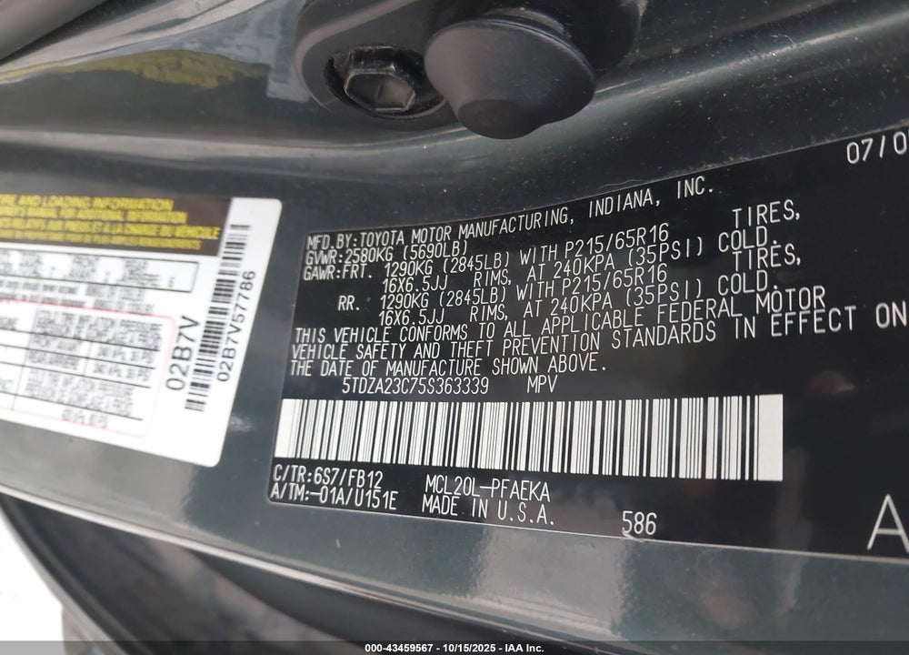 2005 TOYOTA SIENNA VIN: 5TDZA23C75S363339