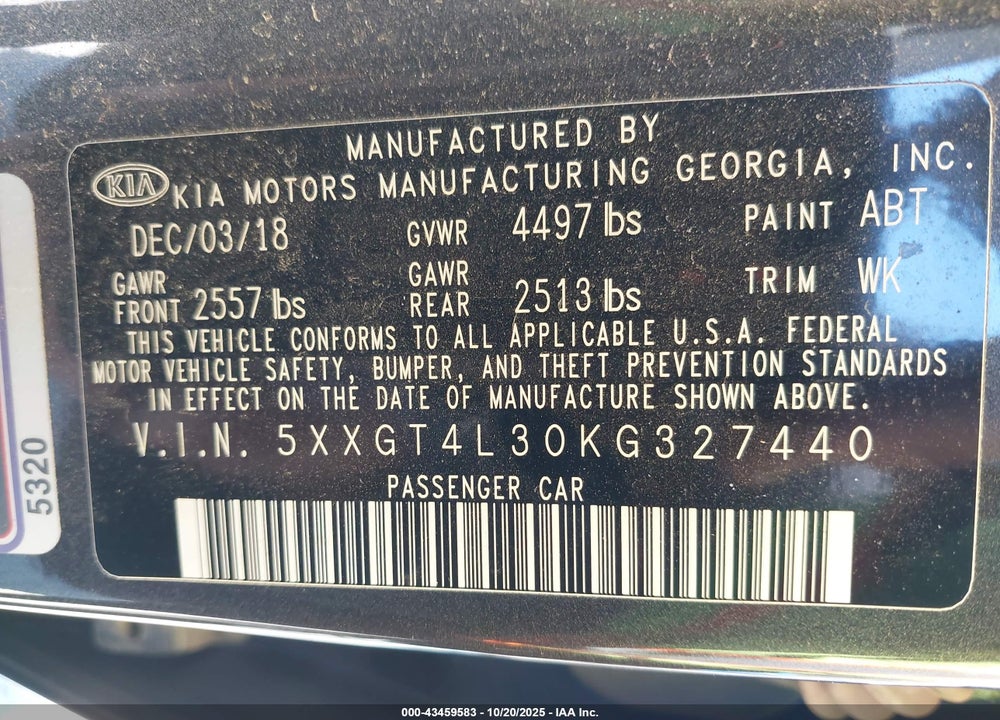 2019 KIA OPTIMA S VIN: 5XXGT4L30KG327440