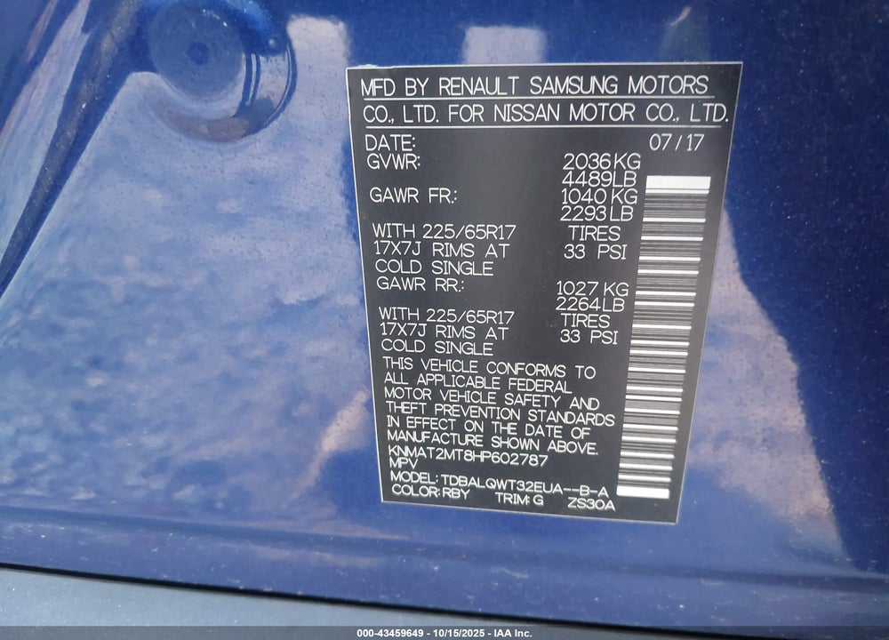 2017 NISSAN ROGUE SV VIN: KNMAT2MT8HP602787