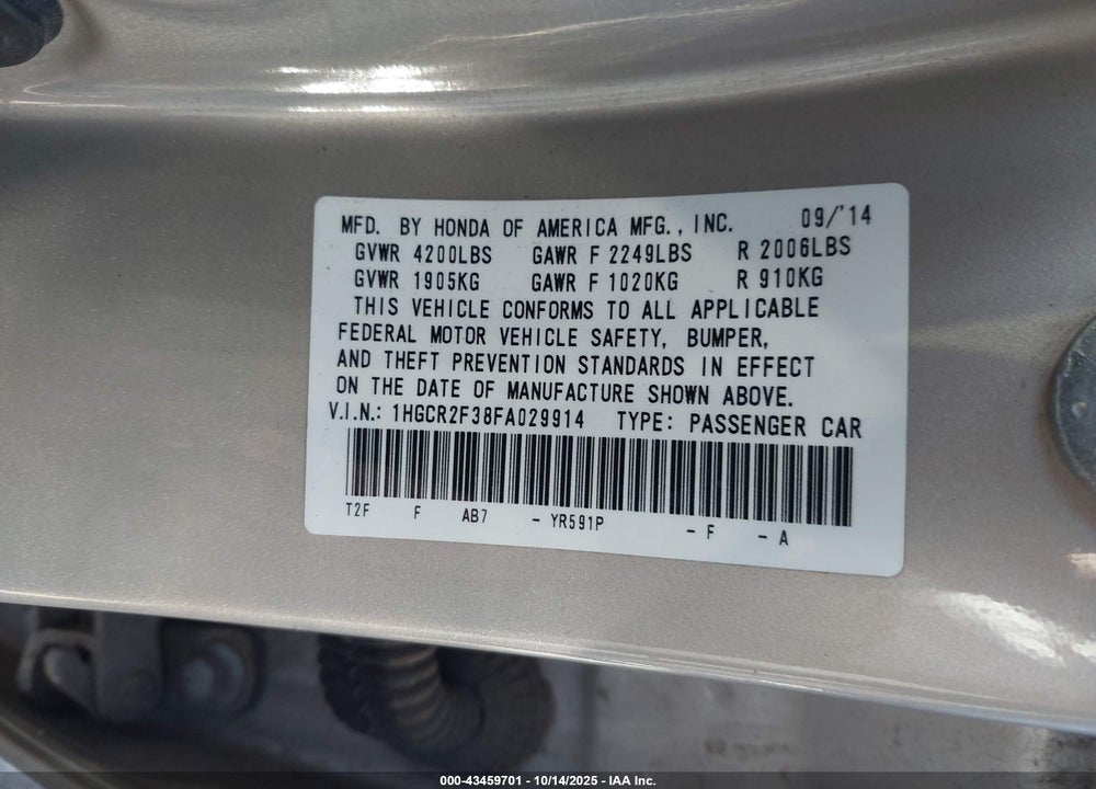 2015 HONDA ACCORD LX VIN: 1HGCR2F38FA029914