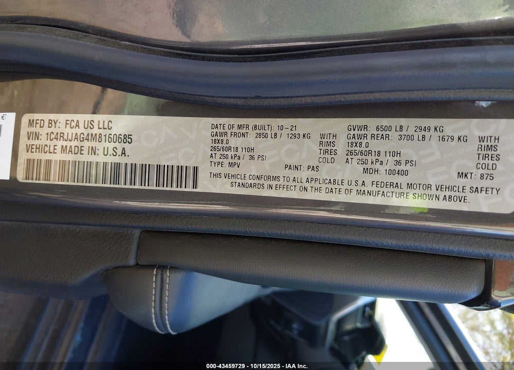 2021 JEEP GRAND CHEROKEE L LAREDO 4X2 VIN: 1C4RJJAG4M8160685