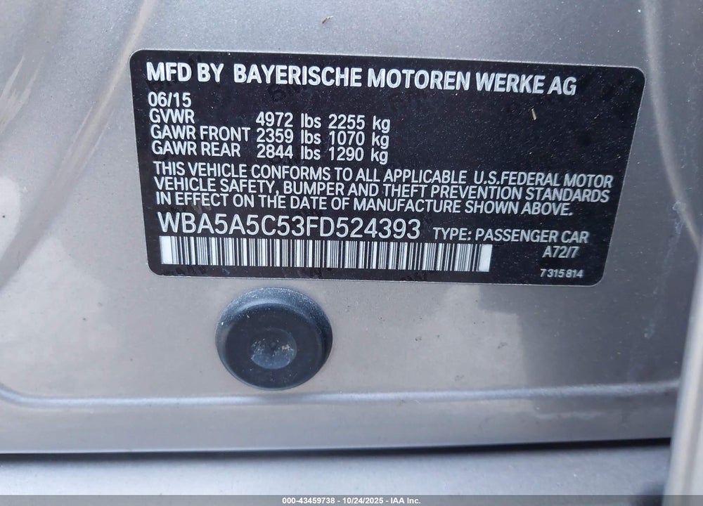 2015 BMW 528I VIN: WBA5A5C53FD524393