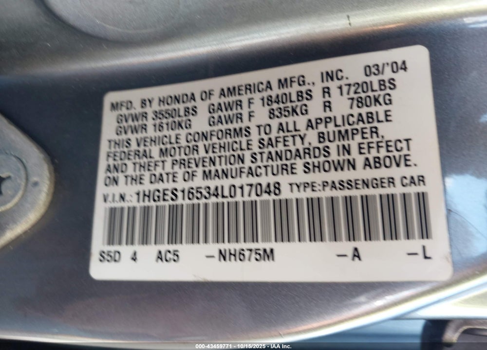 2004 HONDA CIVIC LX VIN: 1HGES16534L017048