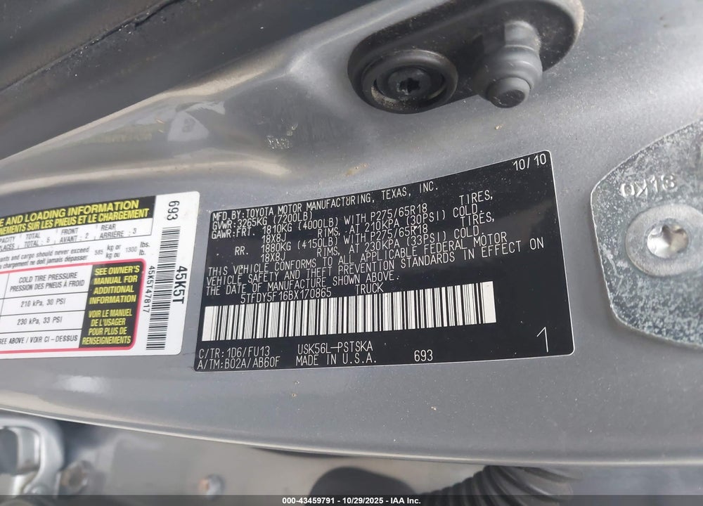 2011 TOYOTA TUNDRA VIN: 5TFDY5F16BX170865