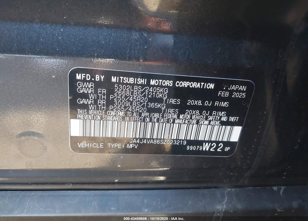 2025 MITSUBISHI OUTLANDER SE 2.5 S-AWC VIN: JA4J4VA86SZ023219