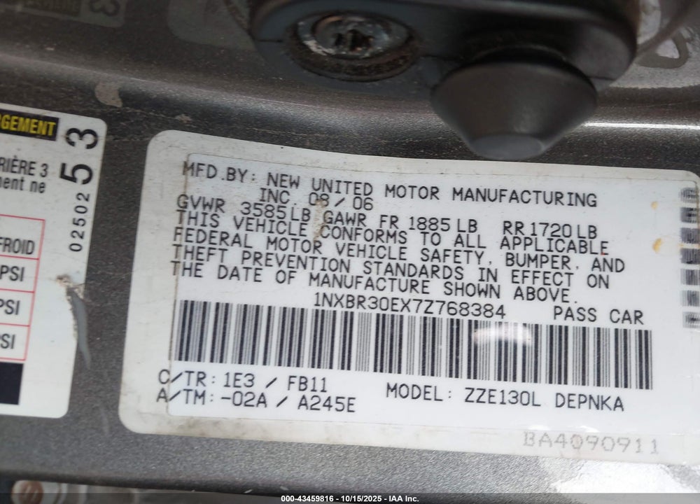 2007 TOYOTA COROLLA LE VIN: 1NXBR30EX7Z768384