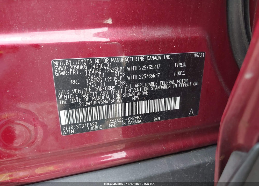 2021 TOYOTA RAV4 XLE VIN: 2T3W1RFV5MW156602