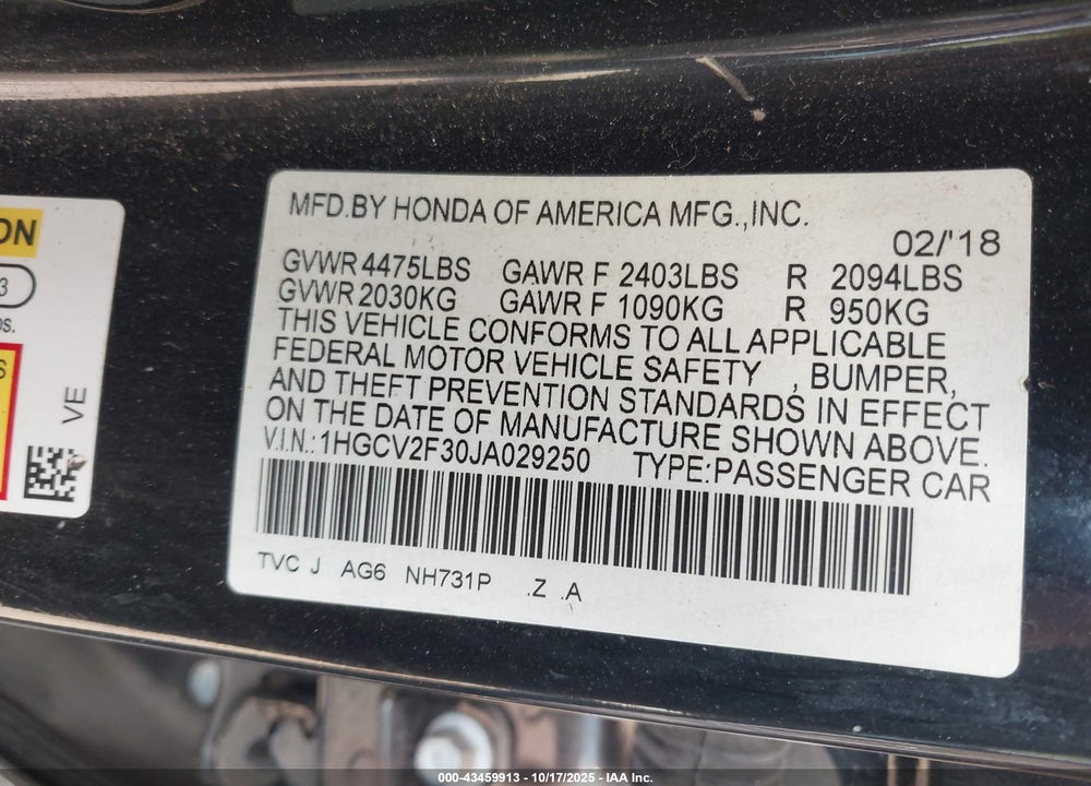 2018 HONDA ACCORD VIN: 1HGCV2F30JA029250