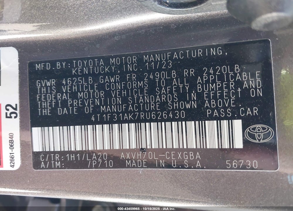 2024 TOYOTA CAMRY HYBRID XLE VIN: 4T1F31AK7RU626430