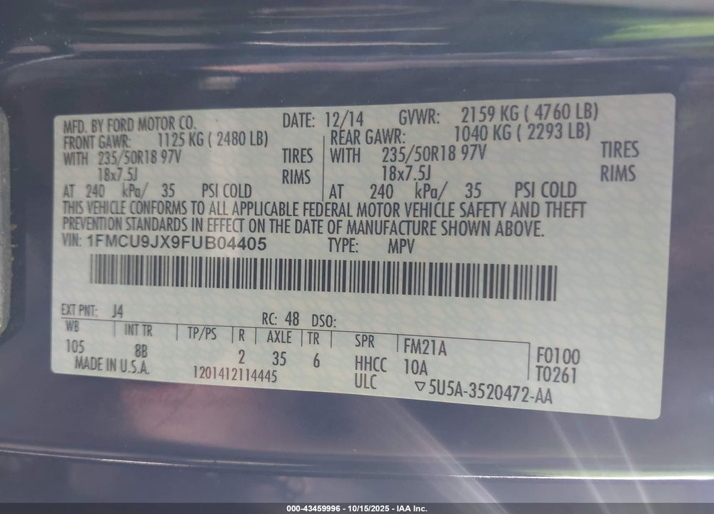 2015 FORD ESCAPE TITANIUM VIN: 1FMCU9JX9FUB04405