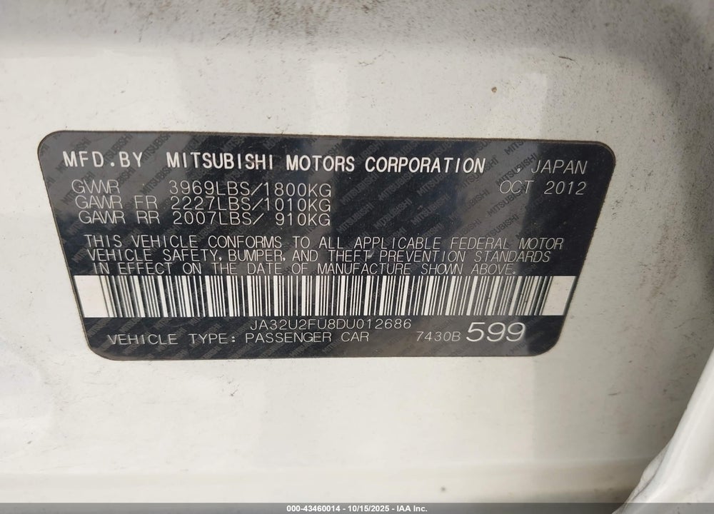 2013 MITSUBISHI LANCER VIN: JA32U2FU8DU012686