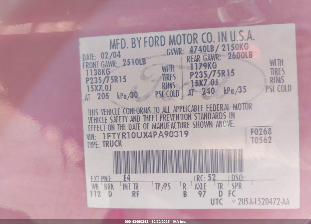 2004 FORD RANGER EDGE/XL/XLT VIN: 1FTYR10UX4PA90319