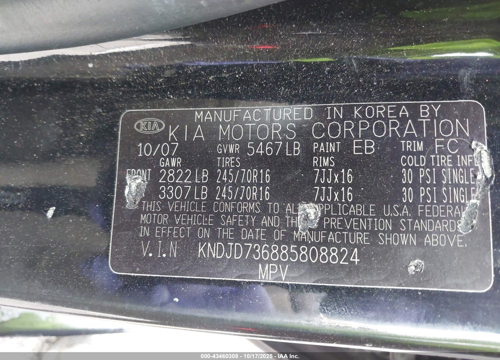 2008 KIA SORENTO VIN: KNDJD736885808824