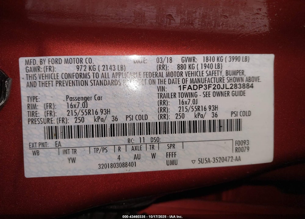 2018 FORD FOCUS SE VIN: 1FADP3F20JL283884