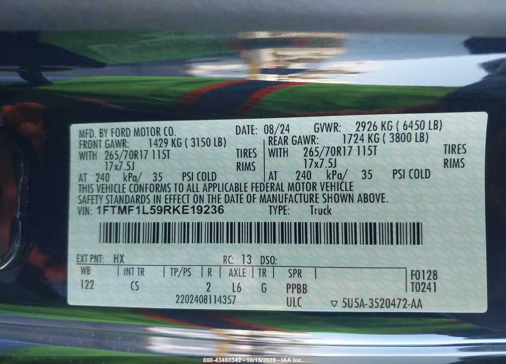 2024 FORD F-150 VIN: 1FTMF1L59RKE19236