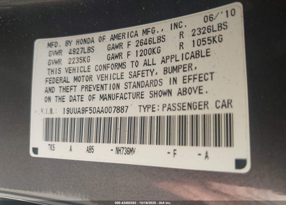 2010 ACURA TL VIN: 19UUA9F50AA007887