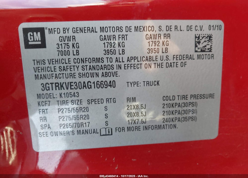 2010 GMC SIERRA 1500 VIN: 3GTRKVE30AG166940