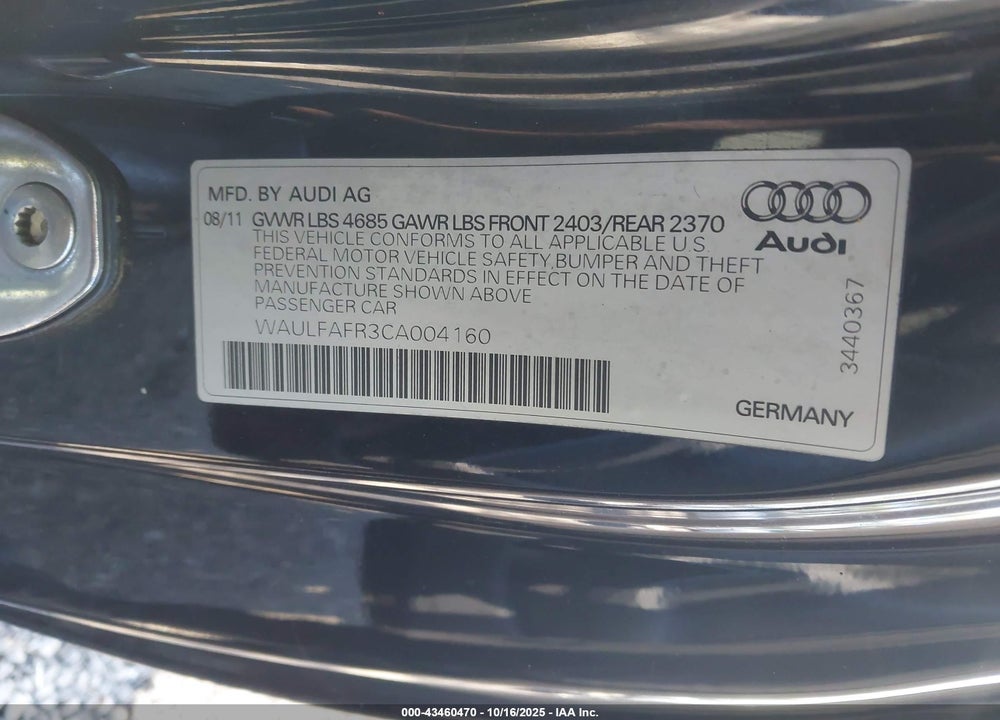2012 AUDI A5 VIN: WAULFAFR3CA004160