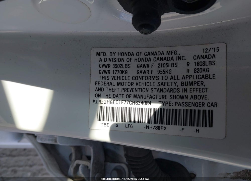 2016 HONDA CIVIC EX-L VIN: 2HGFC1F77GH634084